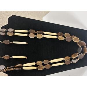 Vintage Boho Wood & Bone Bead Necklace Earrings Set Earthy Natural Tribal
